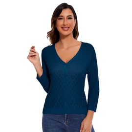 OPREXO Women's Lightweight Crochet Cardigan 3/4 Sleeve Cropped V Neck Button Shrug Knit Sweater Tops Navy Blue