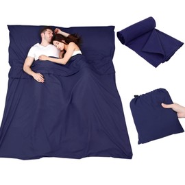 Plliocse Sleeping Bag Liner Travel Sheet Sleeping Bag, Double Size 160 x 210 cm Sleeping Bag Liners with Pillow Pockets for Adults, Travel, Hotels, Business Trip, Camping (Navy Blue, 160cm x 210 cm)