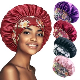 4 pieces Pack large satin hat Silk nightcap for sleeping, hair cap, stretch wide satin cap, sleep cap, black ladies' nightcap, silky hair cap for curly ladies' braids