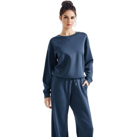 SUUKSESS Women Modal 2 piece outfits Oversized Sweatshirt Fall Lounge Set Wide Leg Pants Matching Sets (Navy Blue,L)