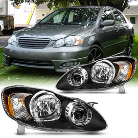 2PCS Headlights Assembly For 2003 2004 2005 2006 2007 2008 Toyota Corolla CE LE S Replacement Headlamps Driver and Passenger Side Black Housing With Silver bowl Amber Reflector