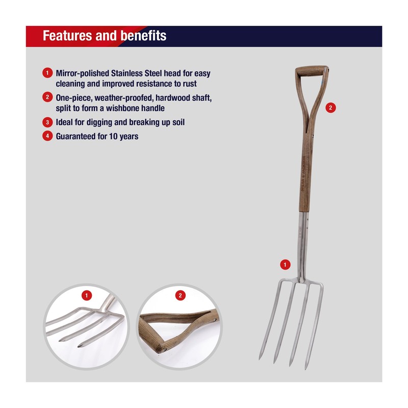 Spear & Jackson 4550DF Traditional Stainless Digging Fork, Multi-Coloured