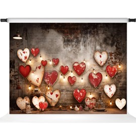 Kate Valentines Day Backdrop Red Love Heart Brick Wall Photo Background Valentine's Chlidren Photo Booth Props, 7x5ft