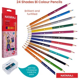 NATARAJ Bright Shades Full Size Colour Pencils & a Sharpener Set (24 Shades Bi-Colour Pencils)