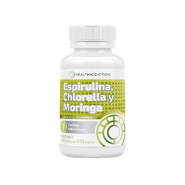 HEALTHADDICTION - Complejo de Espirulina, Chlorella y Moringa, Suplemento Alimenticio - Tabletas de 500mg, 90 Unidades - Toma 3 Cpsulas Diarias       