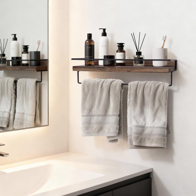 Bathroom Floating Shelves With Towel Bar - Solid Walnut Wooden
