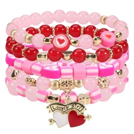 Ardorchid 5 Pack Valentine's Day Heishi Bracelets Cute Pink Red Love Heart Bead Stretch Stackable Bracelet for Women Holiday Birthday Bracelets Festive Jewelry