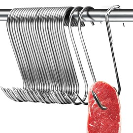 Pack of 20 Meat Hooks, S Hooks, Stainless Steel, Butcher Hooks, S Hooks, Stainless Steel Smoking Hooks, Large Butcher Hooks, Small, for Chicken, Ribbed Smoking (15 cm)