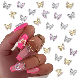 25 Pcs Butterfly Nail Charms Gold Silver Pink 3D Alloy Butterflies Charms with Rhinestones Flat Back Barbiecore Nail Art Decorations Supplies Crystal Gems Shiny Jewels