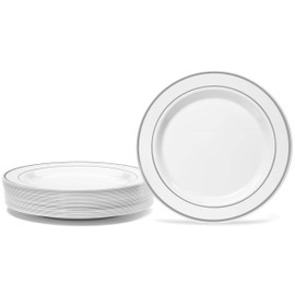 Silver Rimmed White Plate Set By Oasis Creations - Premium Hard Plastic – 50 x 6” -Washable & Reusable - Party Supplies For Birthdays, Celebrations, Buffets, Fiestas, Catering & More