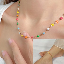 Caimeytie Damen Halskette und Fußkettchen Set,Edelstahl Kette mit mehrfarbigen Perlen,Frühling und Sommer Kollektion,Die Form der Liebe