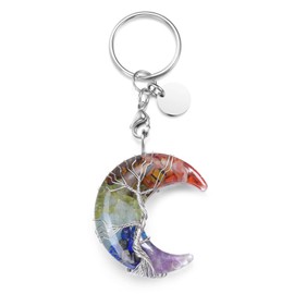 CrystalTears Moon Pendant Key Ring Tree of Life Wire Wrap Chakra Stones New Moon Pendant Keychain Reiki Gemstone Bag Charm Lucky Charm Talisman, 7 chakra