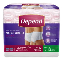 Depend Ropa Interior Nocturno Desechable para Incontinencia, Talla L-XL, Unisex, Paquete con 8 Piezas, máxima absorción y más horas de protección