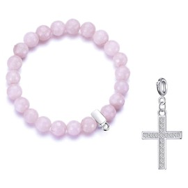 Philip Jones Faceted Rose Quartz Gemstone Bracelet with Cross Charm Created with Zircondia® Crystals