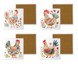 Set of 4 Ceramic Coasters – Nordic-Inspired Design with Brightly Coloured Chickens & Floral Accents – 10x10cm Hand-Printed Drink Coasters