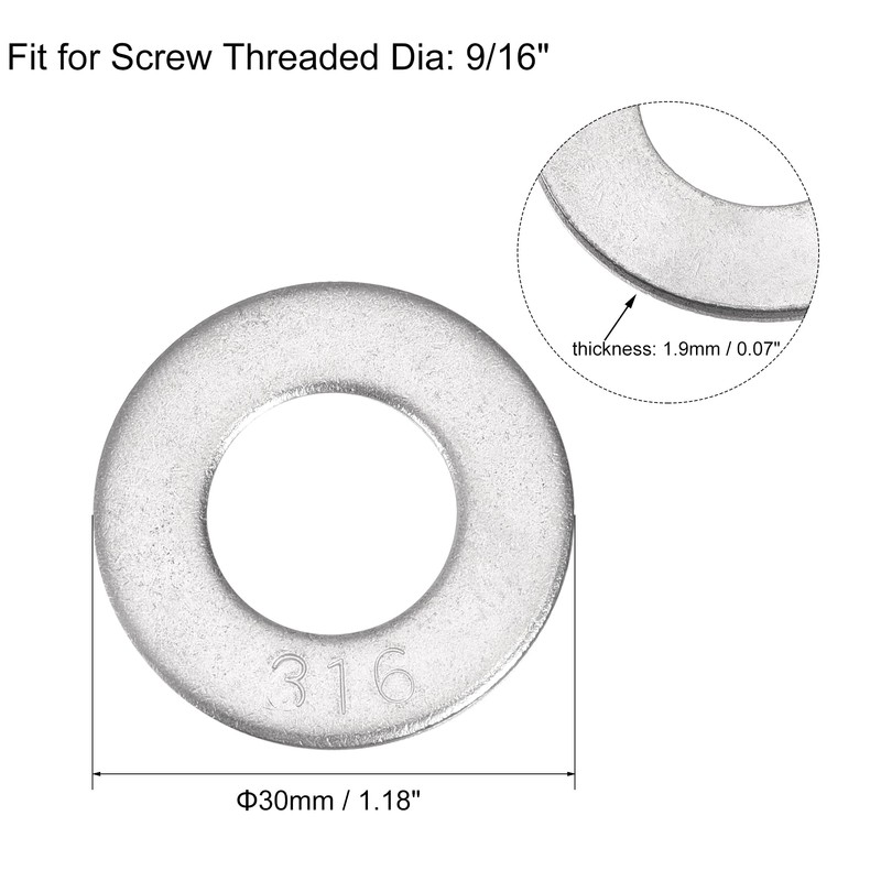sourcing map 9/16" 316 Stainless Steel Flat Washer for Screw