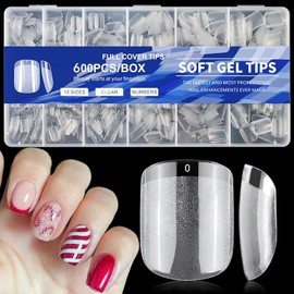 600 Pcs Uñas Postizas Transparentes, Falsas Nail Tips Almendra Cortas 12 Tamaños, Soft Gel Tips Uñas Acrilicas Postizas Con Caja, Puntas de Uñas Para Salones de Uñas y DIY Nail (3#, 600PCS)