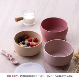 SAMiGO Baby Bowl and Spoon Set with Suction and Lid, Silicone Baby Food Bowl, First Stage Baby Feeding Set, Self Feeding Essentials for 6+ Months (Rose)