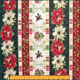 WILMINGTON /TIS THE SEASON CHRISTMAS POINSETTIA MISTLETOE HOLLY STRIPED FABRIC BY THE YARD 36" X 44" #86321