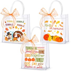 Resurhang 24 Pcs Thanksgiving Clear PVC Gift Bags with Handles Thanksgiving Treat Totes Pumpkin Turkey Gnome Maple Theme Fall Gift Bags for Autumn Harvest Party Favor Supplies, 6.3 x 5.9 x 2.8 Inch