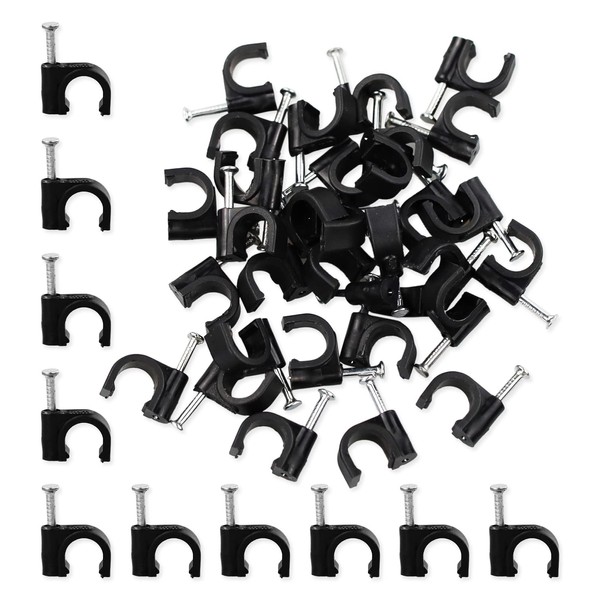 Round Cable Clips, 8MM Electrical Cable Wall Clip - Nail Clips Cable Management, 100Pcs Steel Nails Tacks Holder for Organizing Electric Wires Cables Line TV (Black)