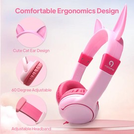 ADOOPE Kids Headphones with Microphone - Cat Ear Headphone Wired with 3.5mm Jack 85/94dB Safe Volume Limited On-Ear Headphone for Kids (2-7 Years)/School/Travle/Tablet(Pink)