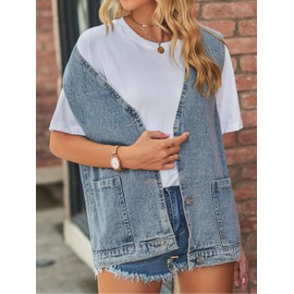 Leyoutx Women's Sleeveless Denim Vest Oversize Button Down Ripped Waistcoat Jacket(X-Large, Blue)