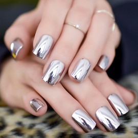 iMABC Light Silver Purple Metallic Mirror Press On Nails Short Squoval False Women Girls Nail Art Tips Reusable Fingernails Datechable Acrylic Manicure For Daily Dating Office Home Party (24pcs)