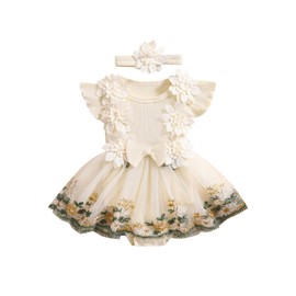 Douhoow Baby Girl Dress Romper Baby Romper Dress Flowers Embroidery Tulle Skirt Infant Girl Summer Clothes with Headband (Apricot, 6-12 Months)