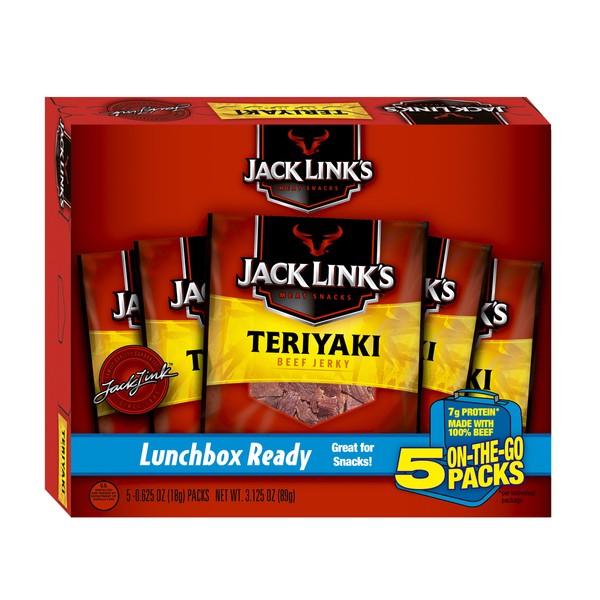 Jack Link’s Beef Jerky 5 Count Multipack, Teriyaki, 5, 0.625 oz. Bags – Flavorful Meat Snack for Lunches, Ready to Eat – 7g of Protein, Made with 100% Beef – No Added MSG or Nitrates/Nitrites