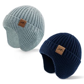 WATAME Infant Toddler Winter Hat with Earflap Thick Warm Baby Beanie Soft Knit Kids Beanies Boys Girls Hats Outdoor (CA/US, Alpha, Medium, Navy+Gray)