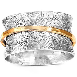 Jude Jewelers Stainless Steel Floral Pattern Chunky Size Rotating Spinner Band Ring (Silver Gold, 6)