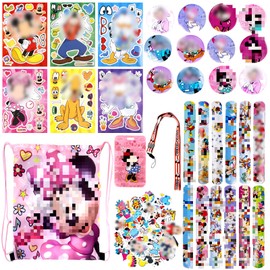 Ainvliya Mouse Party Bag Fillers for Kids Unisex, 89PC Kids' Party Favours With Party Stickers Slap Bands Drawstring Bags Badge Card Holder Lanyard Birthday Party Supplies