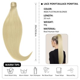 Caliee Wrap Around Ponytail for Women 60A Platinum Blonde 90G 20Inch 100% Real Human Hair Ponytail Extensions Clip on Hair Extension Long Straight Pony Tail One Piece Hairpiece