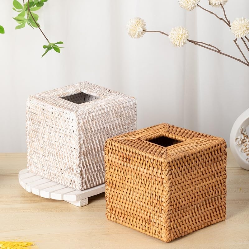 2 Pack Rattan Tissue Box Cover Square, Wicker Tissue Box