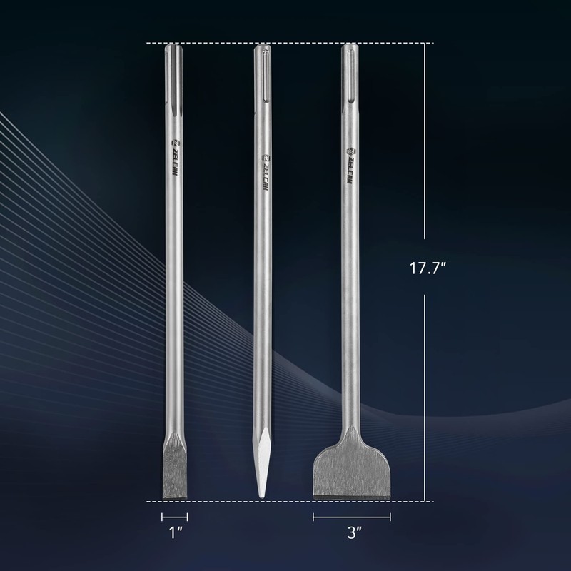 ZELCAN Chisel Set with SDS Max Shanks, 3pc Masonry Concrete