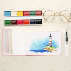 Teling 2 Pcs Watercolor Sketchbook with 3 Brush Pens, 140lb/300gsm Paper, Small Portable Travel Watercolor Journal, Pocket Notebook with Folding Pockets, Tear Away Pages with Dotted Line(5.5" X 3.7")