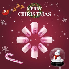 Christmas Press on Nails Short Oval French Tip Fake Nails Nude & Pink Gradient False Nails with Designs Snowflake Pink Glitter Full Cover Glue on Nails Glossy Acrylic Nails for Women Girls 24 Pcs