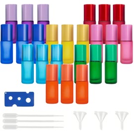 PRITOK Roll On Bottiglie di vetro per olio essenziale, 24 pezzi Roll on Bottiglie vuote 5 ml Multicolor Vetro Roller Bottiglie con scooter in acciaio inox palline e accessori per olio essenziale,