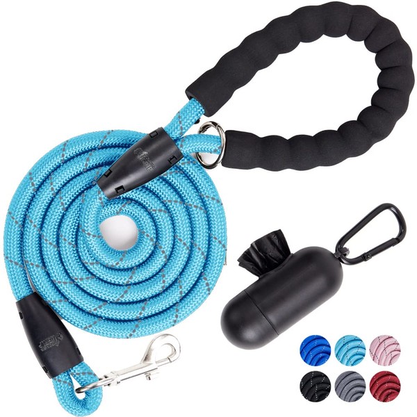Gorilla Grip Heavy Duty Dog Leash, Soft Handle, Strong Reflective Rope for Night Walking, Small Medium Large Dogs, Durable Puppy Training Leashes, Rotating Metal Clip, Waste Bag Dispenser, Blue
