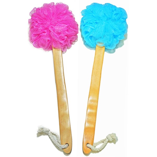 Shower Loofah Body & Back Scrubber - Exfoliating Loofah Bath Brush On a Stick - With Long Wooden Handle Back Brush For Men & Women - Easy Reach Body Wash & Lotion Applicator（ 2 PACK- Blue&Red）