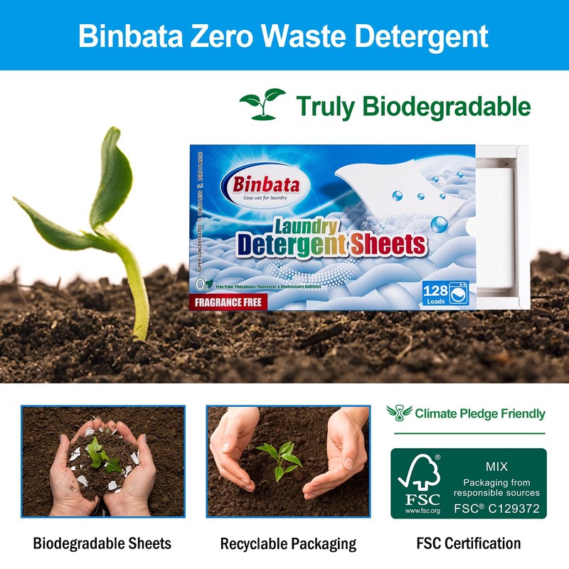 Binbata Laundry Detergent Sheets, Up To 128 Loads Hypoallergenic Eco-Friendly
