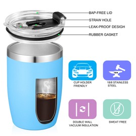 VEGOND Stainless Steel 12 oz Tumblers bulk Vacuum Insulated Double Wall Travel Tumbler with Lid and Straw Reusable Tumbler, Sky Blue 1 Pack