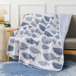 Sea of Dreams 50" x 60" Quilted Throw Blanket, Blue and White Ocean-Inspired Throw Quilts for Couch and Bed, Nautical Fish Design, Lake Themed Coastal Lap Quilt for Beach House