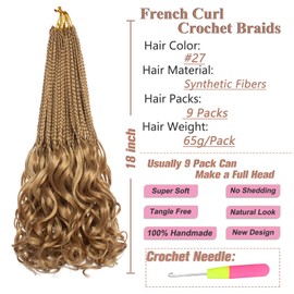 RuiYok 18 Inch French Curl Crochet Braids 9 Packs Honey Blonde Crochet Goddess Box Braids with Curly Ends Pre Looped Bouncy Synthetic Braiding Hair for Women