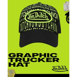 Von Dutch Monogram Trucker Cap - Retro Snapback Cap for Men and Women - Adjustable Snap Fit Panel, Mesh Rear, Curved Bill, Size One Size, Black/Neptune Green