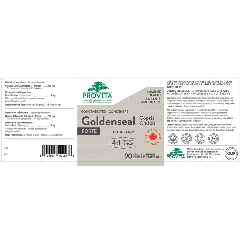 Goldenseal Coptis C1000 by Provita Nutrition (Canadian Made) 90 Vegetarian