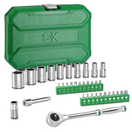 SK 1/4" Drive Socket Set with 216-P Quick-Release Ratchet, Socket Bits Set, 35-Piece, SAE, SuperKrome Finish, with Storage Toolbox