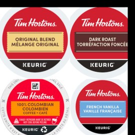 Tim Hortons variety pack 96 count bundle: Original medium roast 24, Colombian roast 24, French vanilla 24, Dark roast 24.