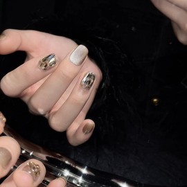 Handmade Nail Tip 3D Ballerina Short Beige White Cute Glitter Short Nail Popular Graduation Tip Fashionable Korean False Nails, Pack of 10 (Brown Stone, M)